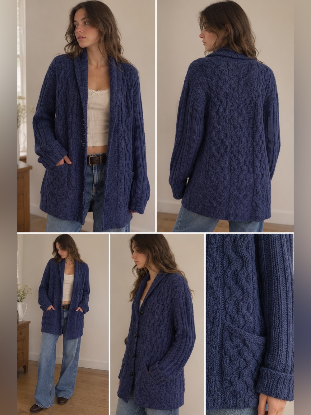 Aran Crafts Ireland Alpaca Wool Cardigan L Blue Cable Knit Open Front Sweater